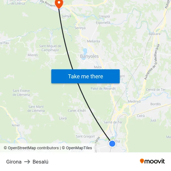 Girona to Besalú map