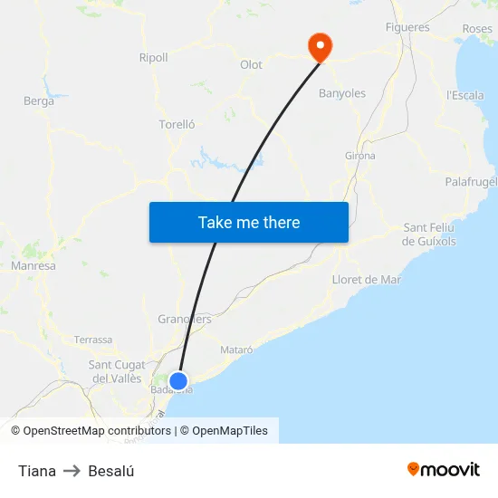Tiana to Besalú map