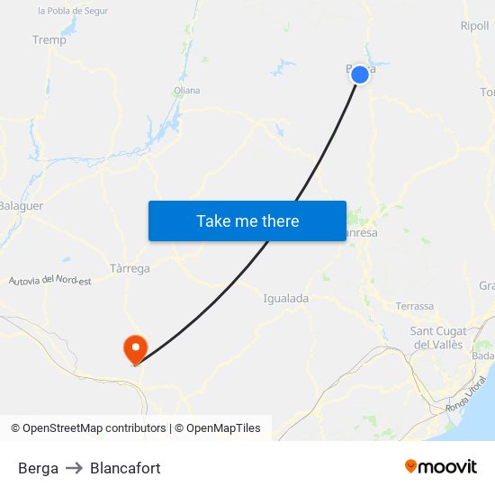 Berga to Blancafort map