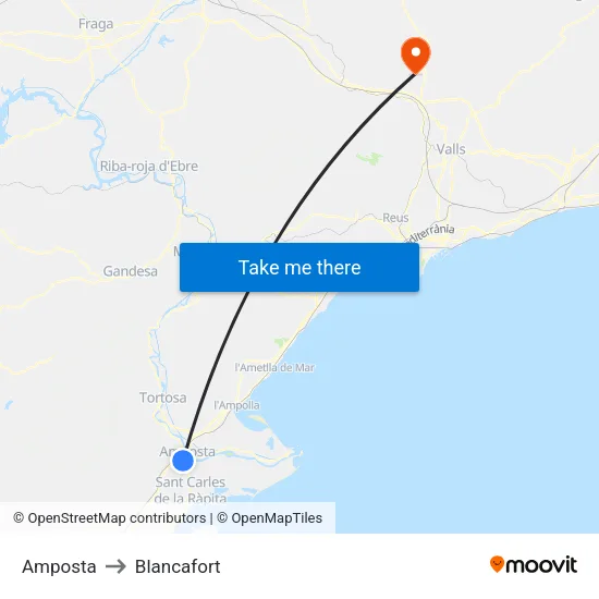 Amposta to Blancafort map