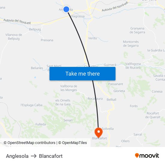 Anglesola to Blancafort map