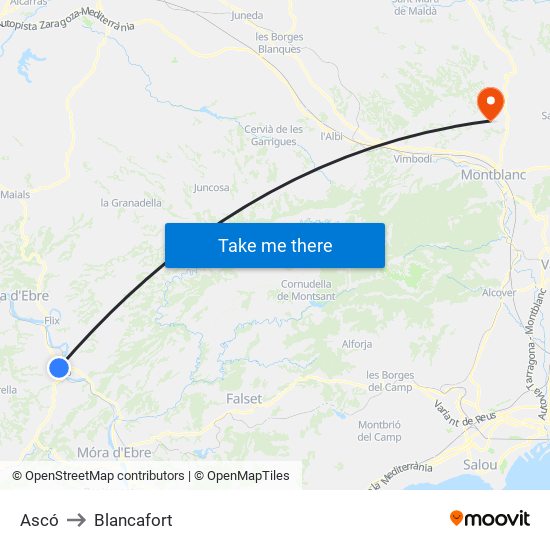 Ascó to Blancafort map