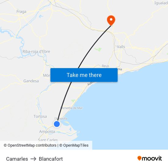 Camarles to Blancafort map