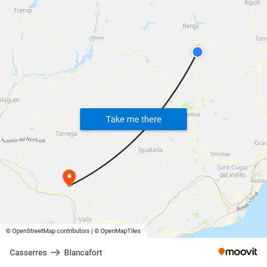 Casserres to Blancafort map