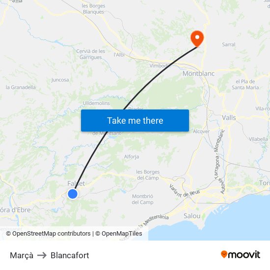 Marçà to Blancafort map