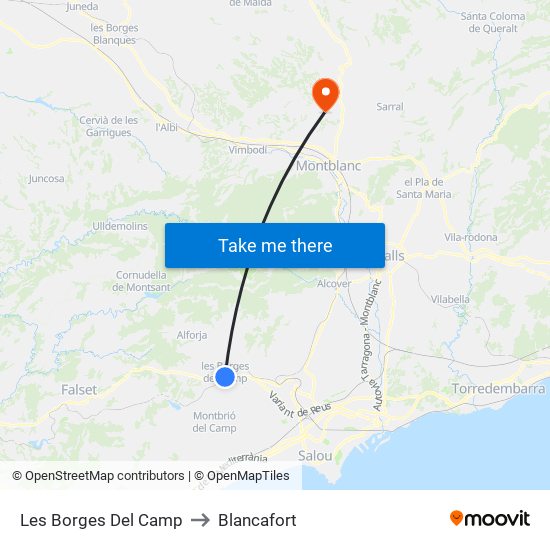 Les Borges Del Camp to Blancafort map