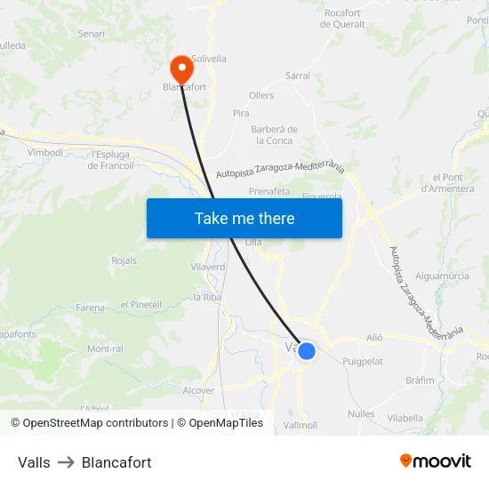 Valls to Blancafort map