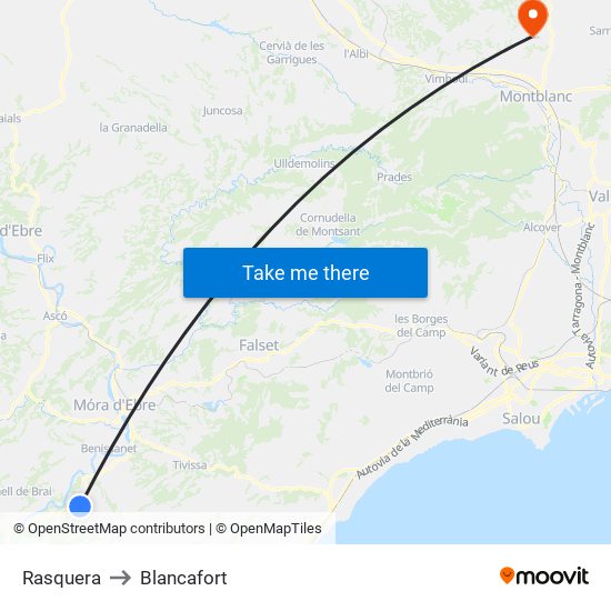 Rasquera to Blancafort map