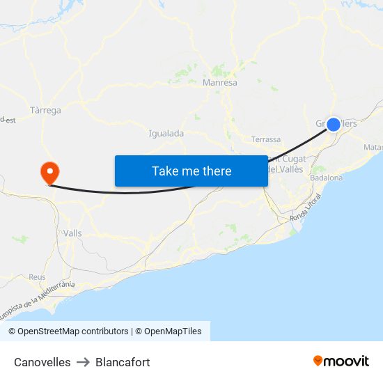 Canovelles to Blancafort map