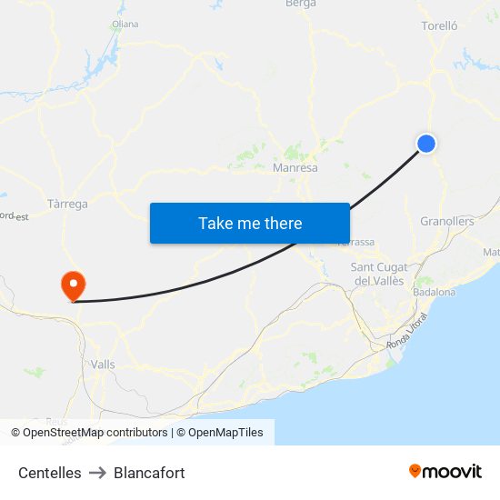 Centelles to Blancafort map