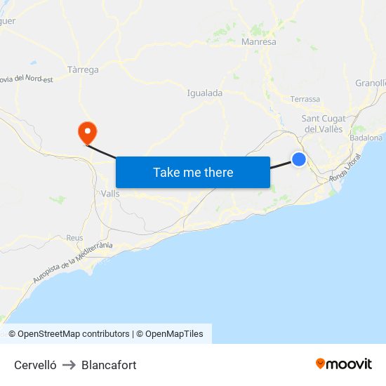 Cervelló to Blancafort map