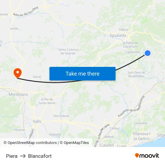 Piera to Blancafort map