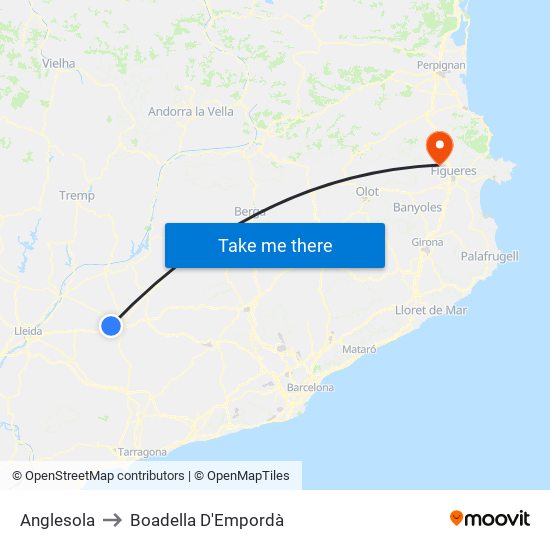 Anglesola to Boadella D'Empordà map