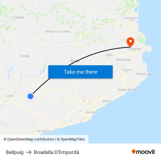 Bellpuig to Boadella D'Empordà map