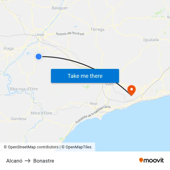 Alcanó to Bonastre map