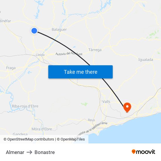 Almenar to Bonastre map