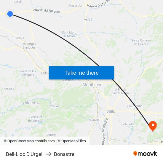 Bell-Lloc D'Urgell to Bonastre map