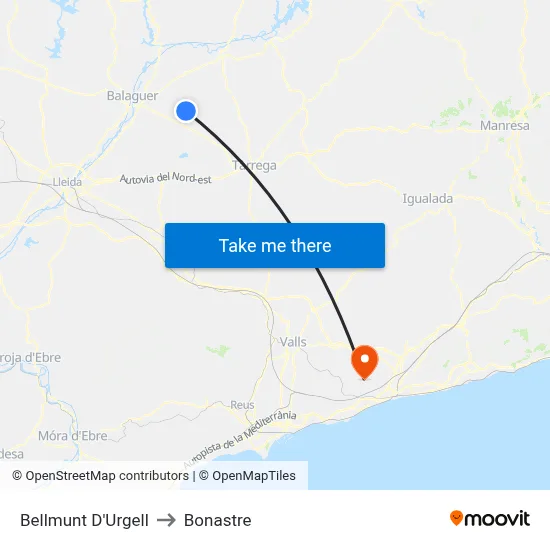 Bellmunt D'Urgell to Bonastre map