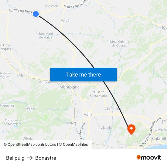 Bellpuig to Bonastre map