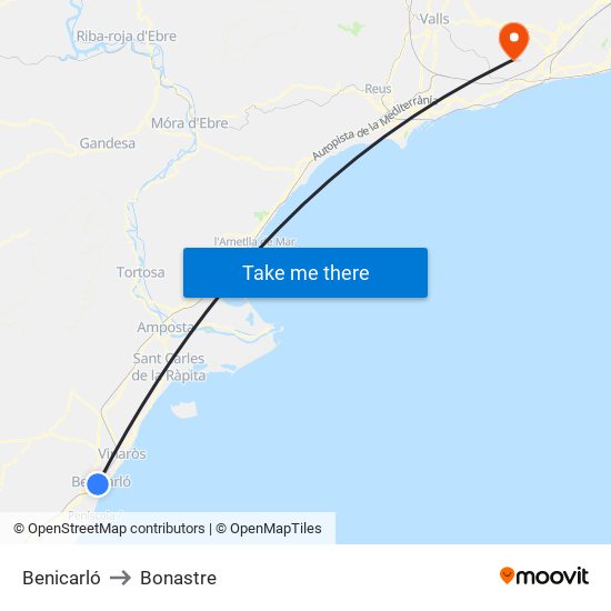 Benicarló to Bonastre map