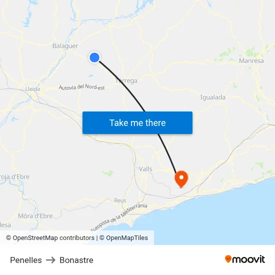 Penelles to Bonastre map