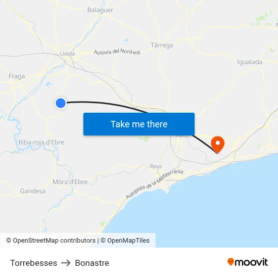Torrebesses to Bonastre map