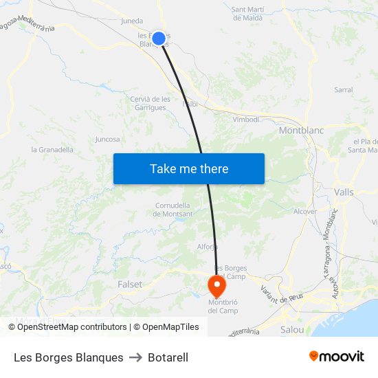 Les Borges Blanques to Botarell map