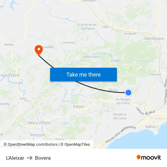 L'Aleixar to Bovera map
