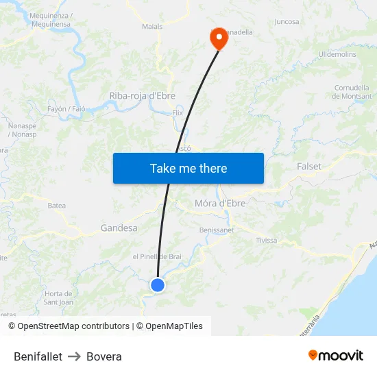 Benifallet to Bovera map