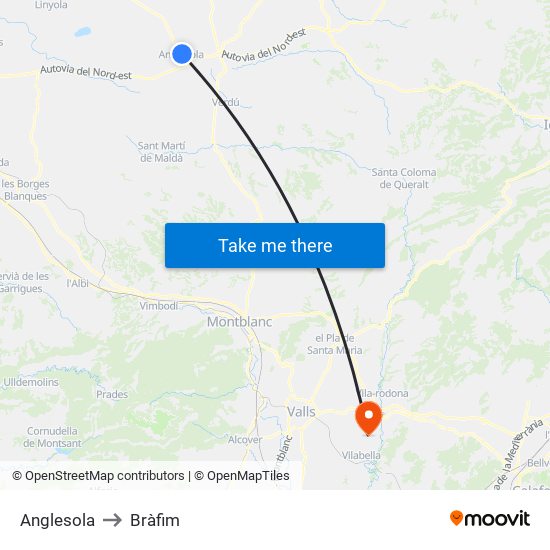 Anglesola to Bràfim map