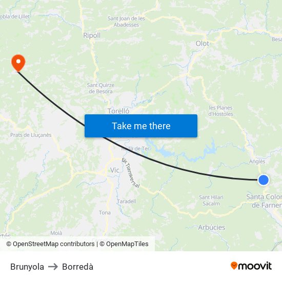 Brunyola to Borredà map