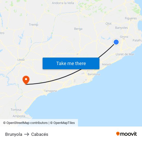 Brunyola to Cabacés map