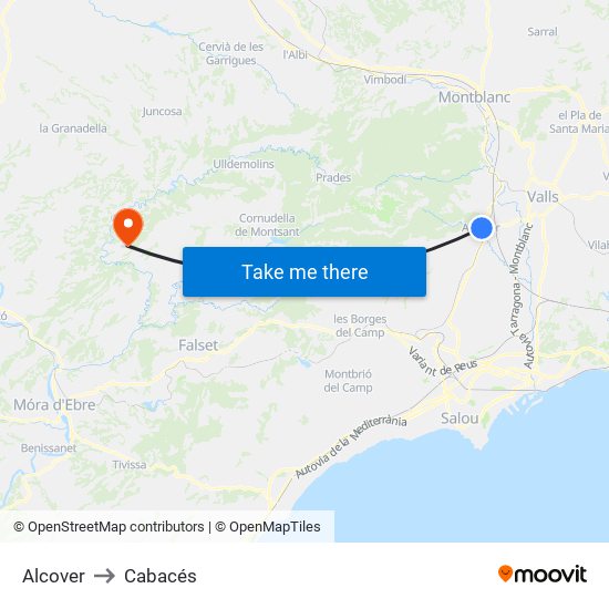 Alcover to Cabacés map