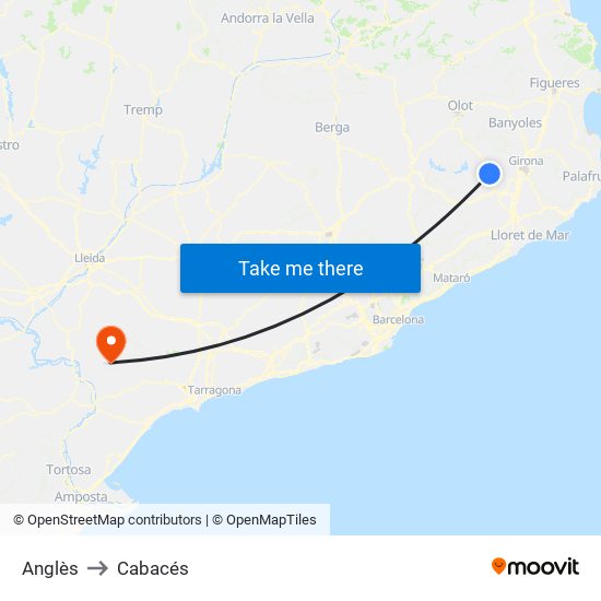 Anglès to Cabacés map