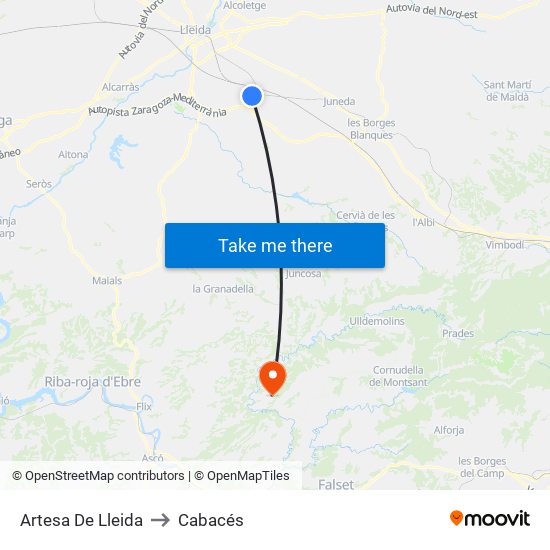 Artesa De Lleida to Cabacés map