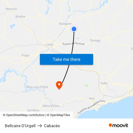 Bellcaire D'Urgell to Cabacés map