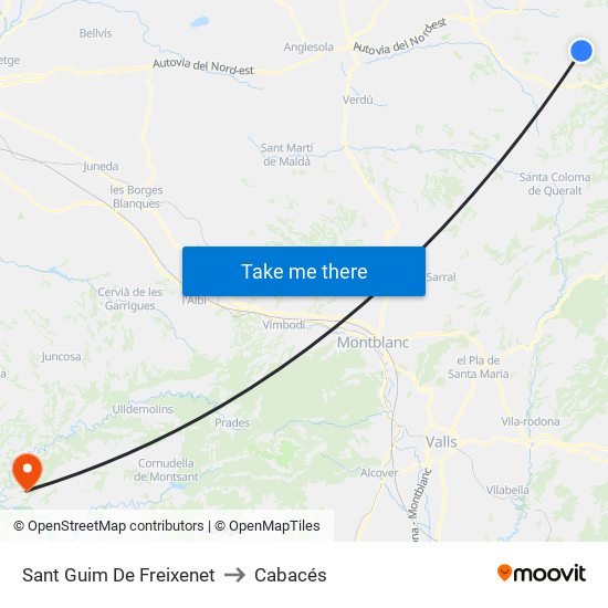 Sant Guim De Freixenet to Cabacés map