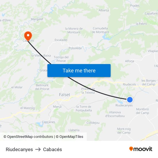 Riudecanyes to Cabacés map