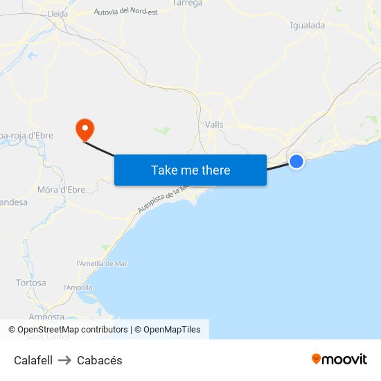 Calafell to Cabacés map