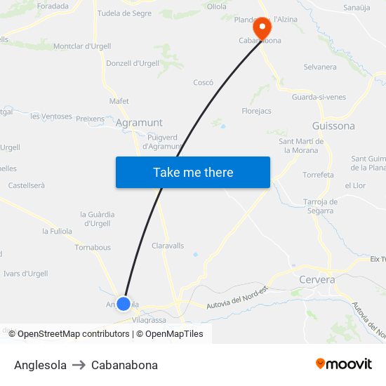 Anglesola to Cabanabona map