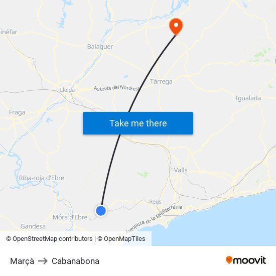 Marçà to Cabanabona map
