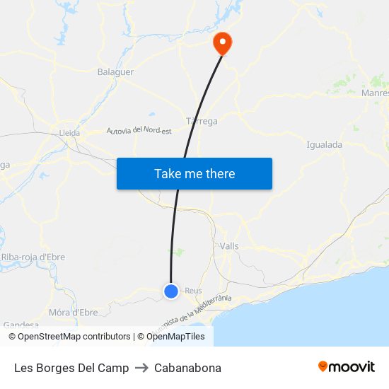 Les Borges Del Camp to Cabanabona map
