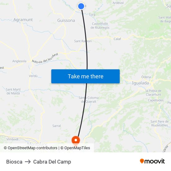 Biosca to Cabra Del Camp map