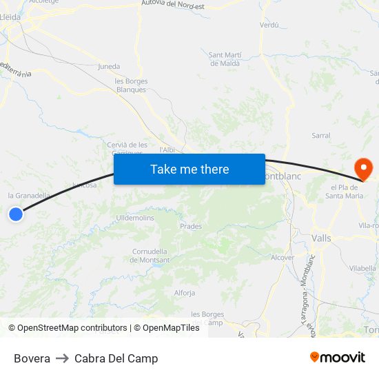 Bovera to Cabra Del Camp map