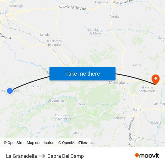 La Granadella to Cabra Del Camp map