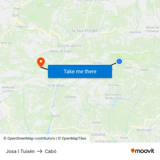 Josa I Tuixén to Cabó map