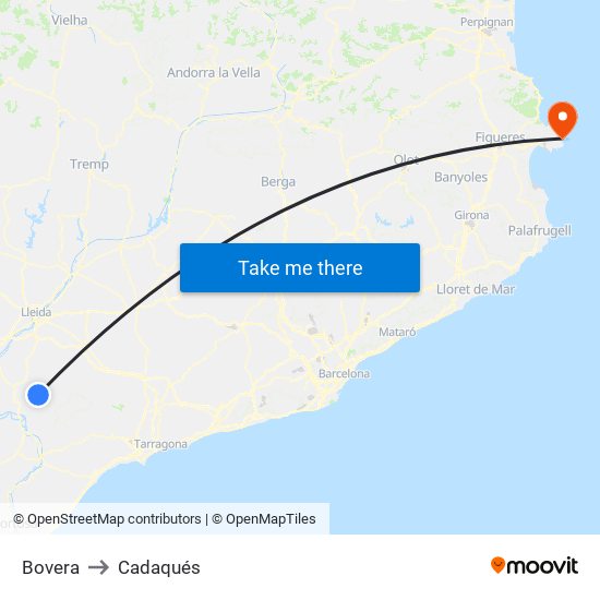 Bovera to Cadaqués map