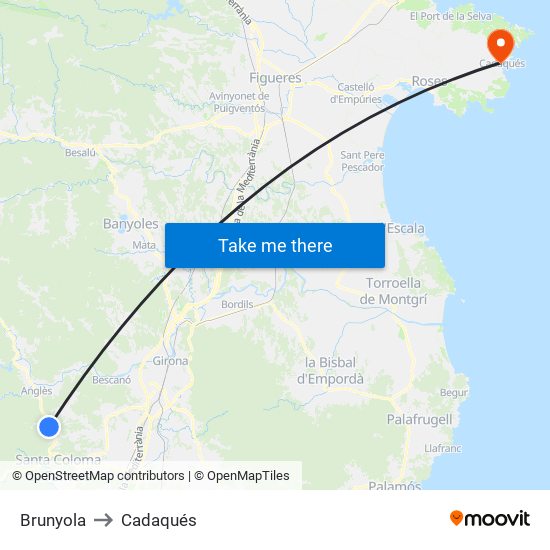 Brunyola to Cadaqués map