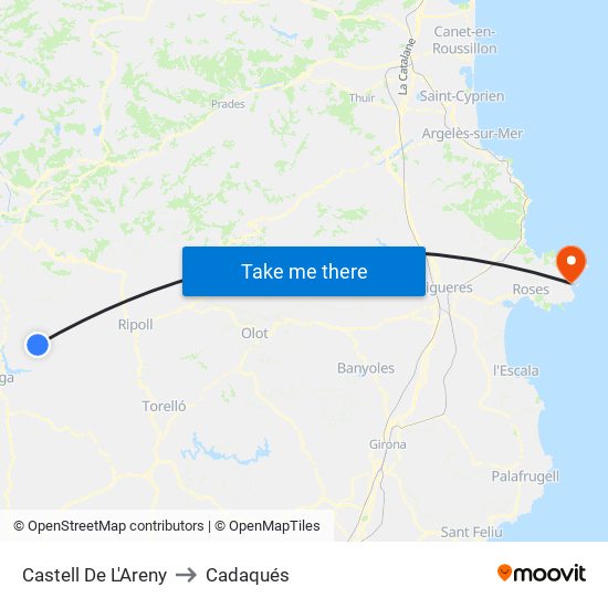 Castell De L'Areny to Cadaqués map
