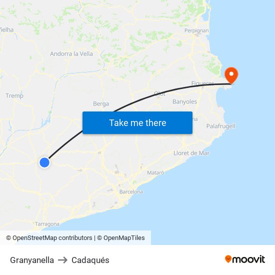 Granyanella to Cadaqués map